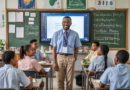 Nigerian teacher engaging students in a lively classroom with interactive activities at the beginning of the school term.