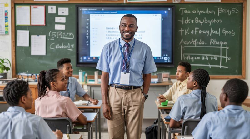 Nigerian teacher engaging students in a lively classroom with interactive activities at the beginning of the school term.