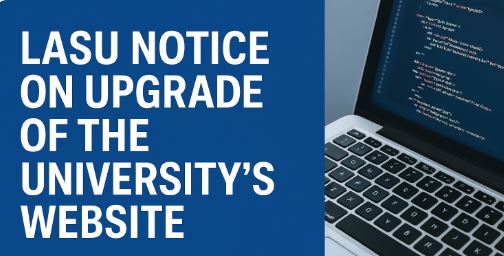 LASU website upgrade announcement with laptop displaying HTML code