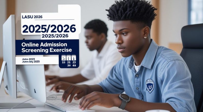 Student using a computer for LASU 2025/2026 online admission screening with calendar icon