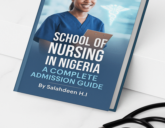 Cover image for “School of Nursing in Nigeria: A Complete Admission Guide” showing a smiling African nurse with medical elements.