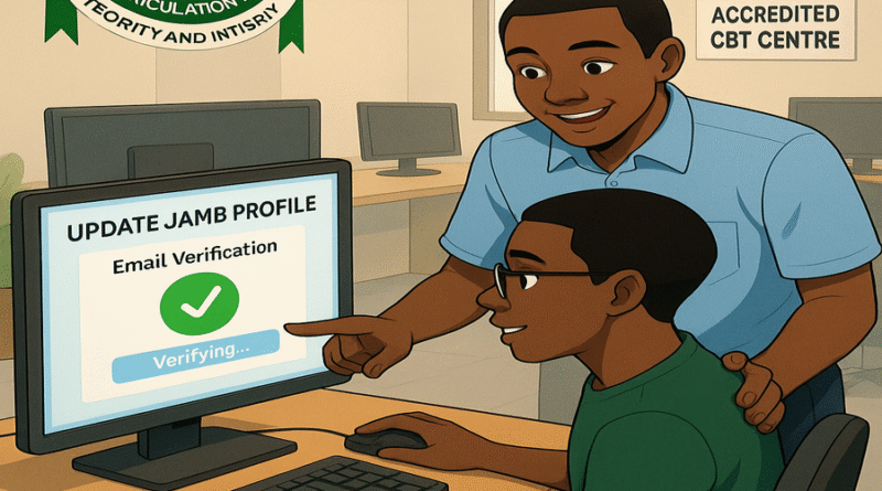 Nigerian student updating JAMB email at CBT center